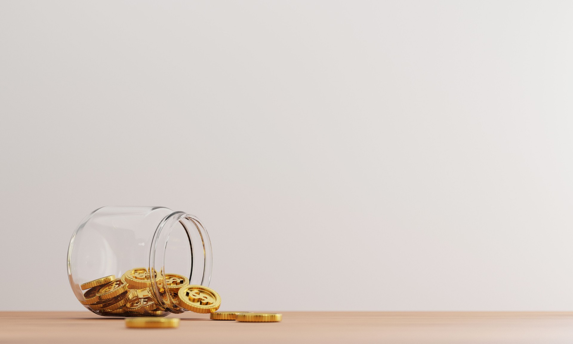 Golden coins are pouring from inside of transparent jar on table for investment and banking financial saving deposit concept by 3d rendering.